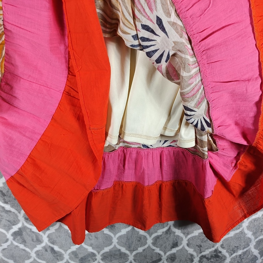 VOY Maxi Dress Women Small Pink Orange Abstract Print Puff Sleeve Colorblock - Picture 6 of 9